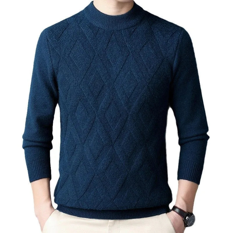 Men's thick grey diamond jacquard knit winter pullover sweater on a hanger.