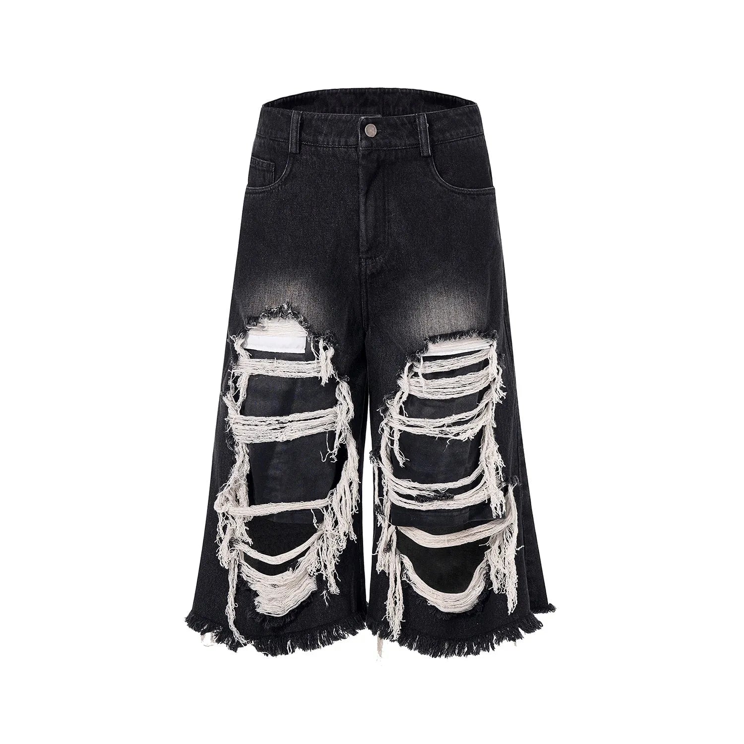 Black cropped wide-leg jeans with mid-high waist and distressed patch detail on micro-elastic denim