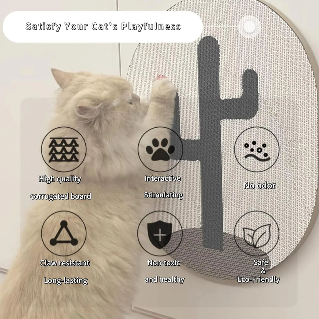 Wall mounted vertical cat scratching pad made of brown corrugated cardboard on a white wall.