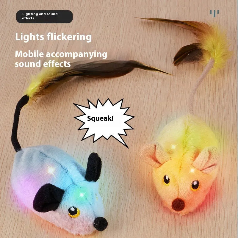 Grey and yellow plush simulation mouse cat toys with remote control on wooden floor
