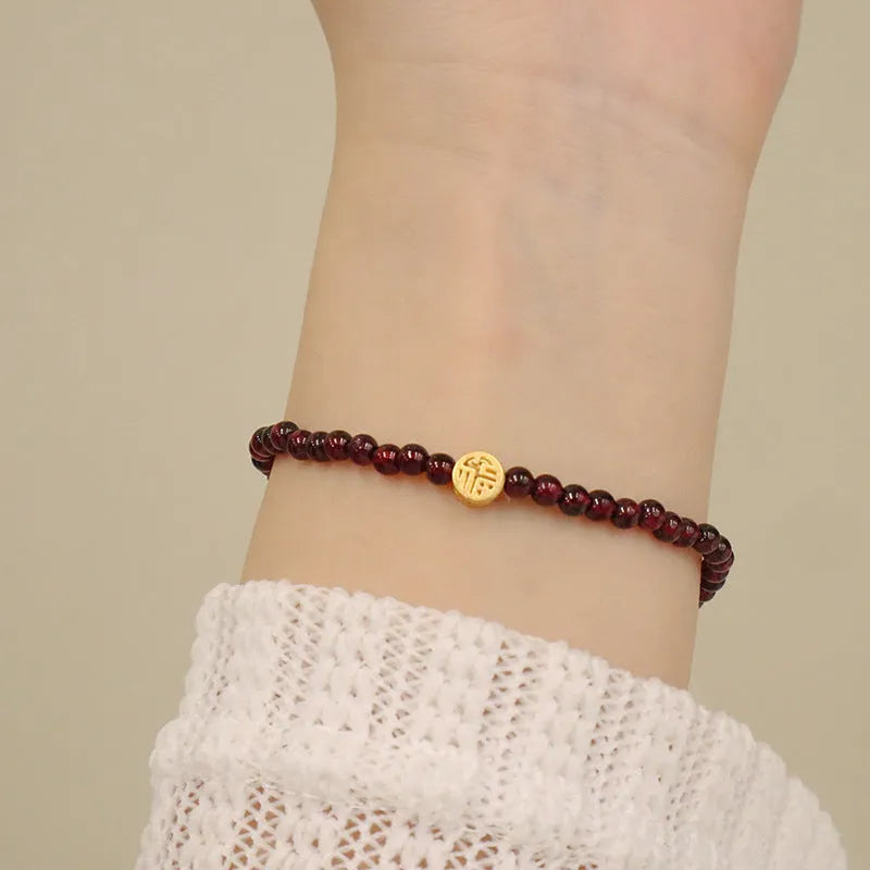 Women's Chinese-style gourd bracelet with imitation garnet beads and electroplated finish