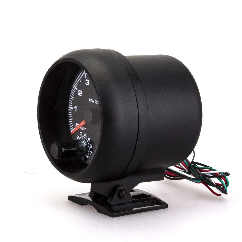 Black car tachometer with blue light pointer display showing 95mm size measurement