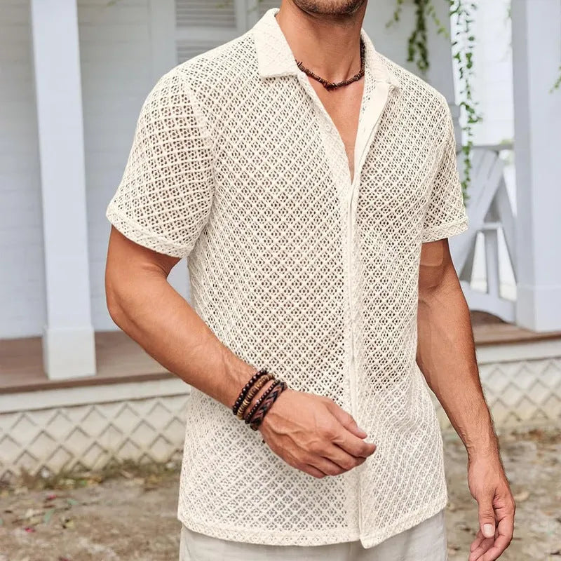 Men's beige short sleeve mesh cardigan shirt with lapel collar laid flat.