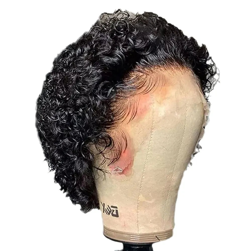 Black human hair lace front pixie wig on a mannequin head