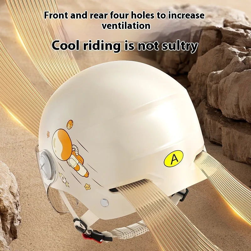 Khaki open-face motorcycle half helmet on a stand, showing the ABS shell and an optional sun protection lens.