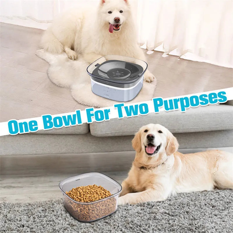 Transparent 2-litre dog water bowl with floating slow-feed disk and non-slip frosted base