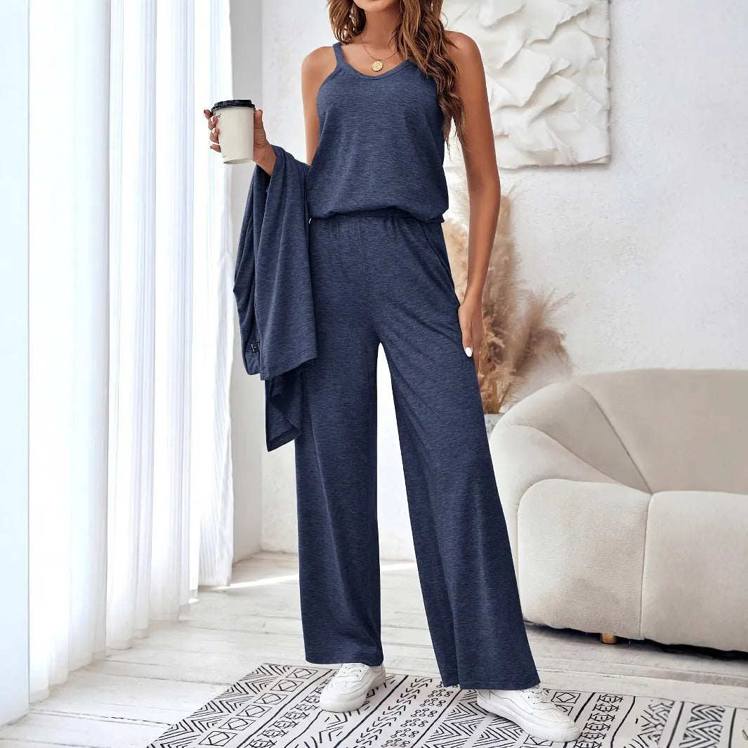 Blue polyester women's casual three-piece suit with sling top, cardigan and trousers