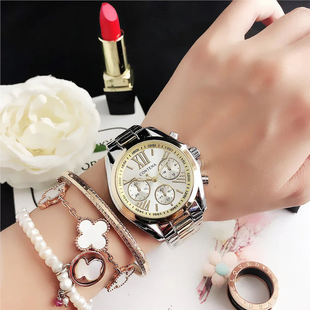 Women's silver rose gold diamond quartz mesh strap watch with 15mm thick case