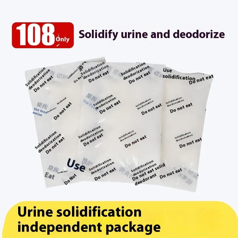 Disposable emergency urine bag kit with black degradable bags and curing agent sachets.