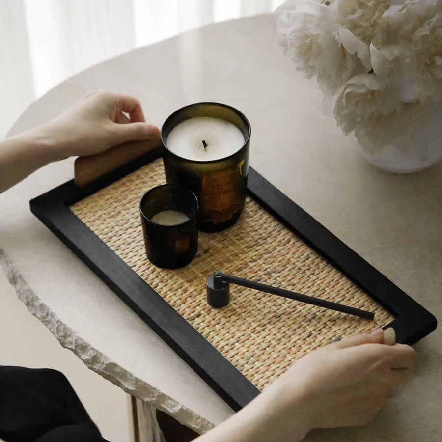 Pine wood dining tray with a serving compartment, shown in large and small size options.
