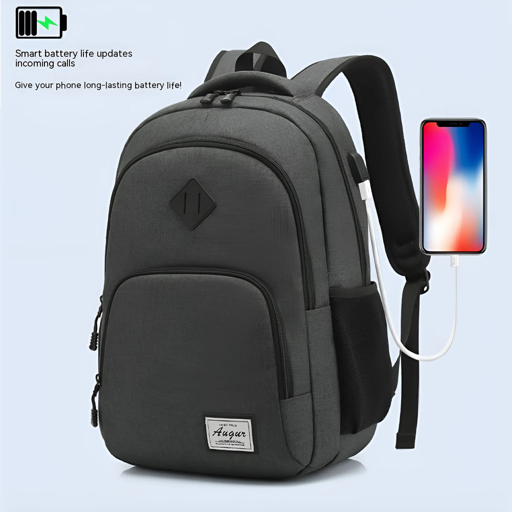 Grey and black USB charging backpack with trolley sleeve on luggage