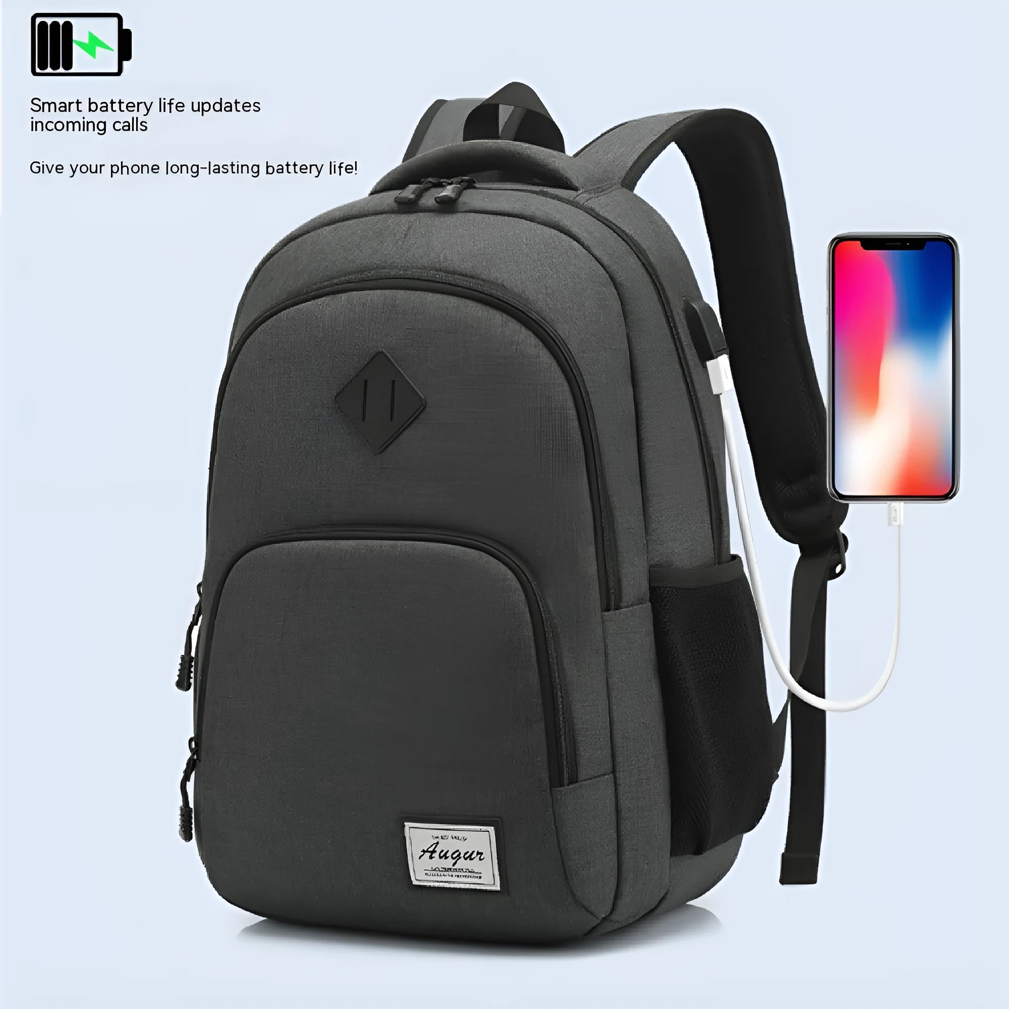 Grey and black USB charging backpack with trolley sleeve on luggage