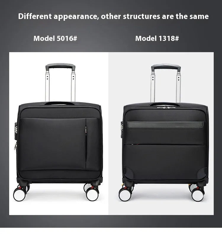 18-inch black Oxford cloth cabin suitcase with telescopic handle and wheels.