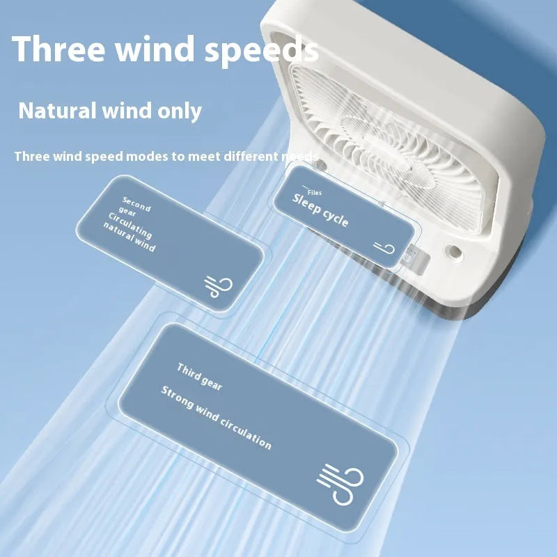 White USB rechargeable household cooling fan with water tank and adjustable nozzles