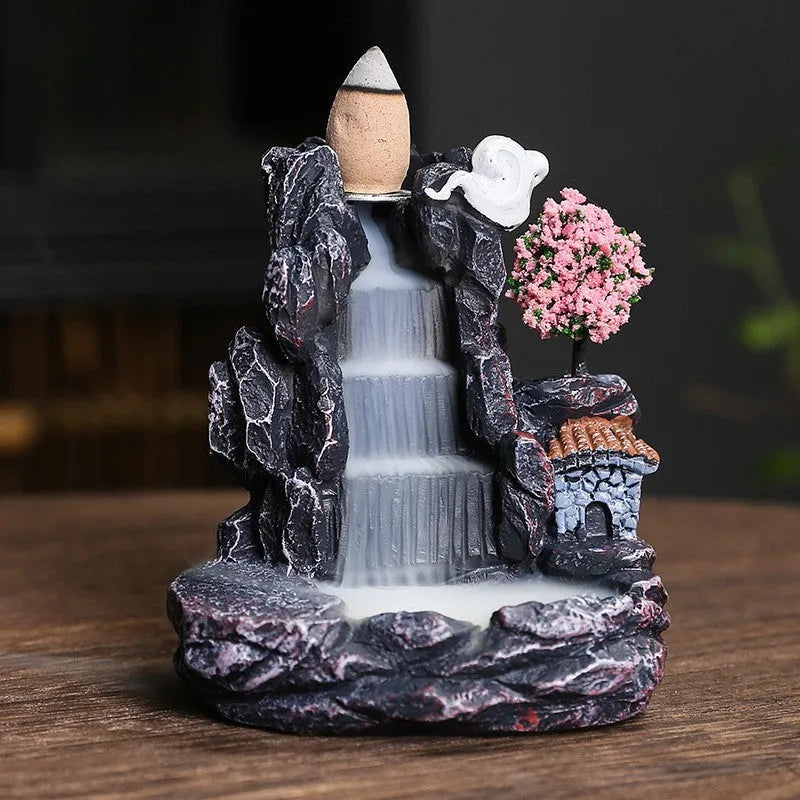 Ceramic backflow incense burner with tree ornament design in green, mangrove, pink or white colour options