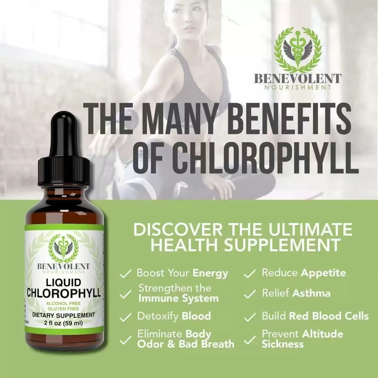 60ml glass bottle of natural liquid chlorophyll drops with dropper for adult supplementation.