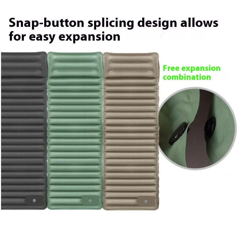 Portable inflatable camping mattress in spring rain grey colour, shown with dimensions 195x70x10 cm.