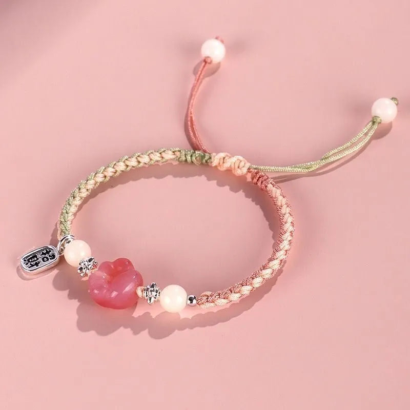 Red cat's paw woven bracelet for couples with glass charm in pastoral style