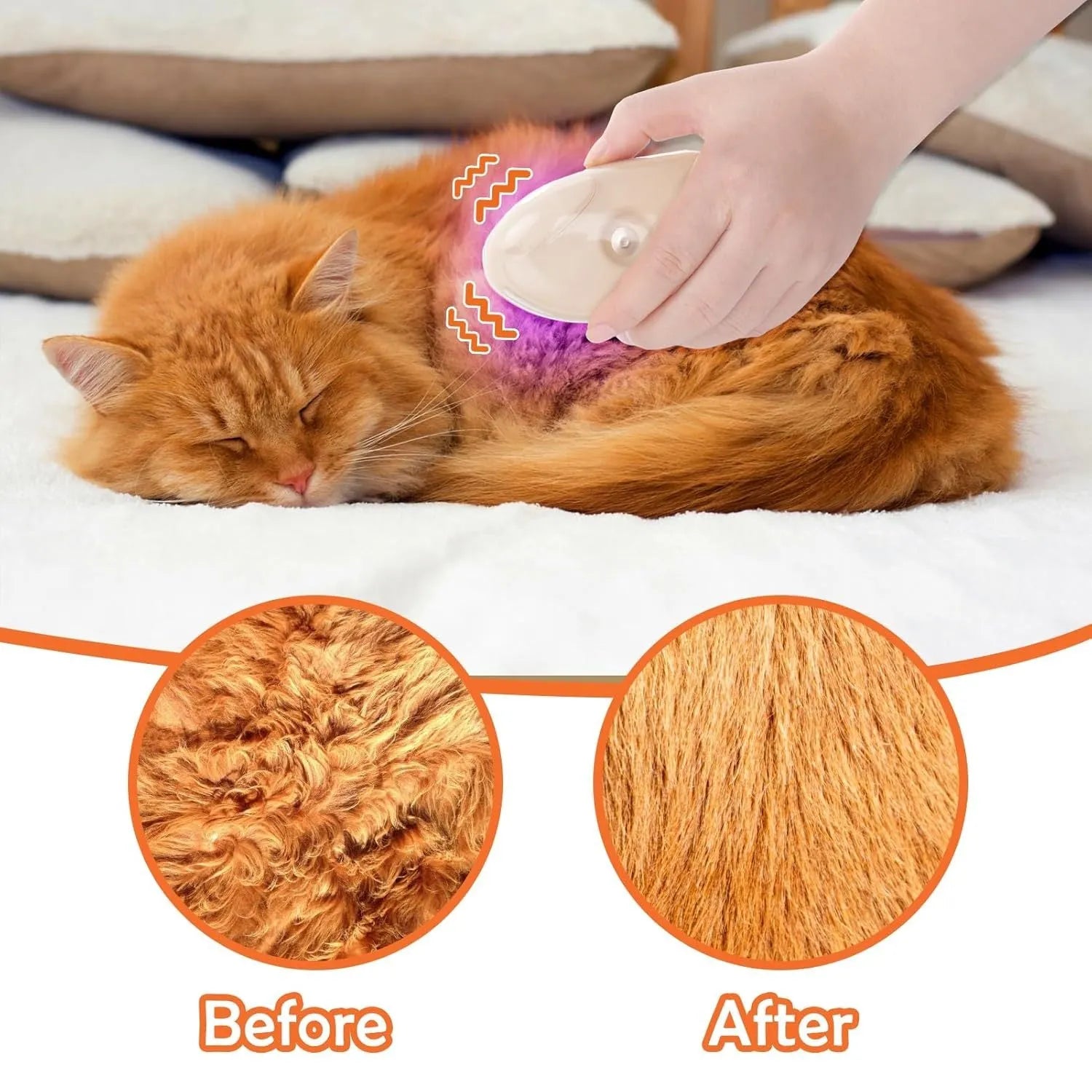 Yellow cat steam brush with silicone teeth, water tank, and ringworm detection lamp for pet grooming