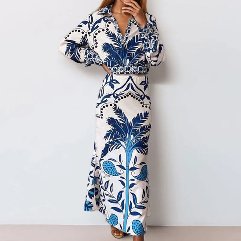 Women's early spring flower print two-piece co-ord set with long sleeves and long skirt