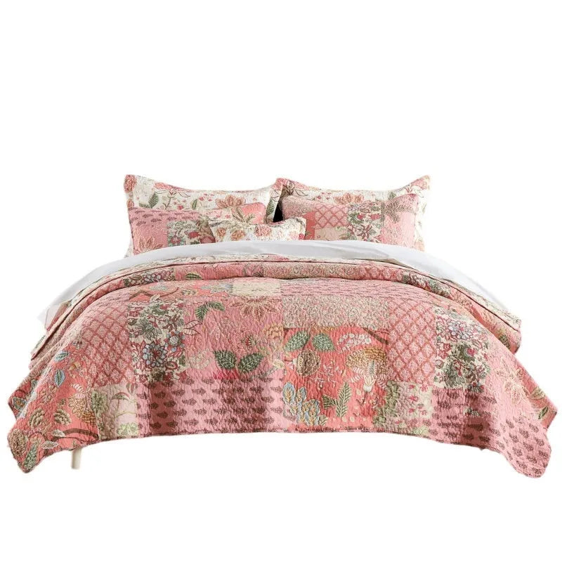 Handmade pure cotton bedding set in pink with flowers pattern on a 2.0m bed