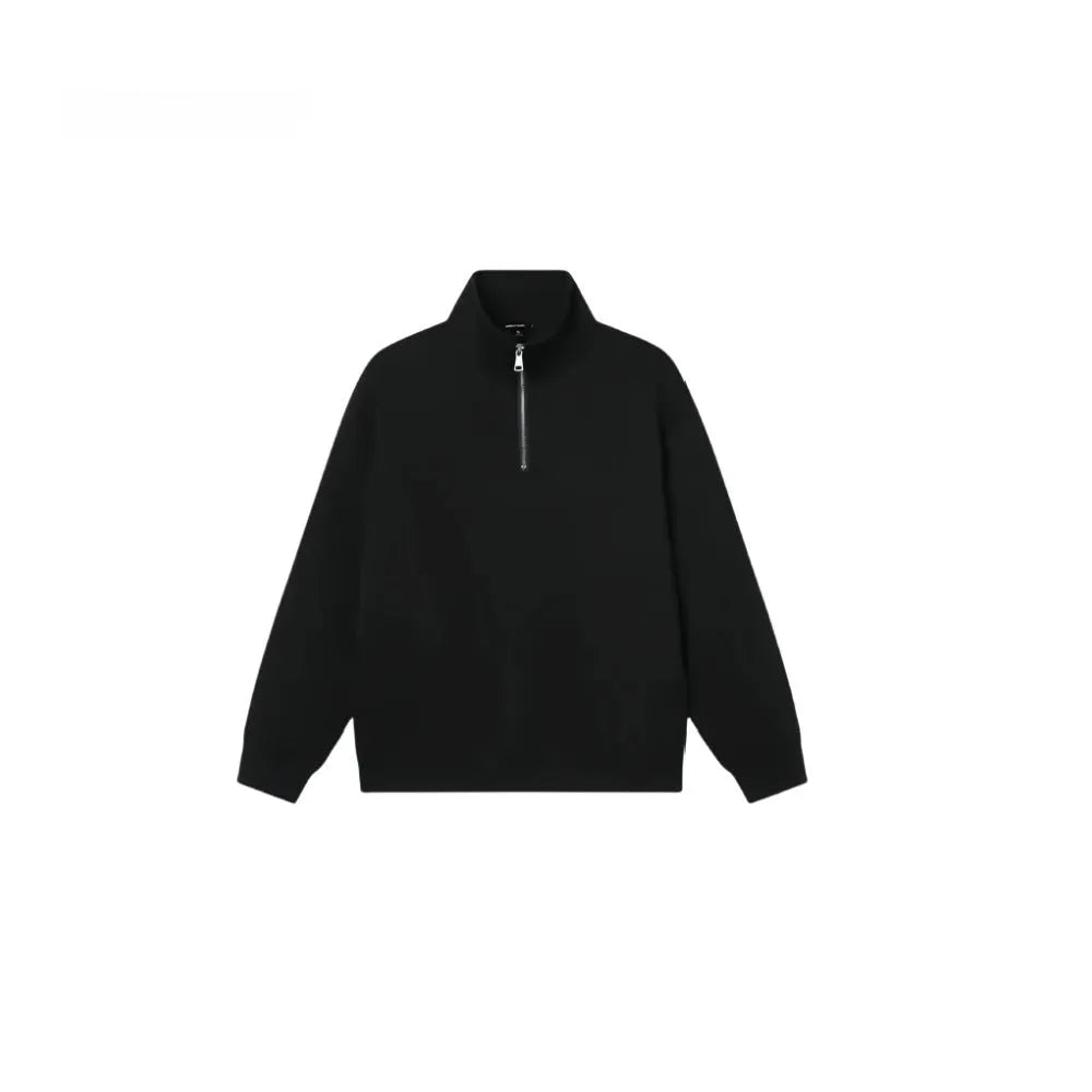 Grey half-zipped cotton sweater with stand collar and long sleeves