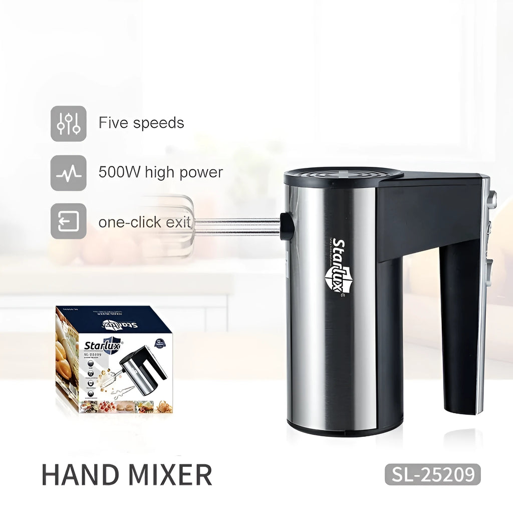 SL-25209 coloured 500W electric hand mixer with two metal beaters and five-speed control.