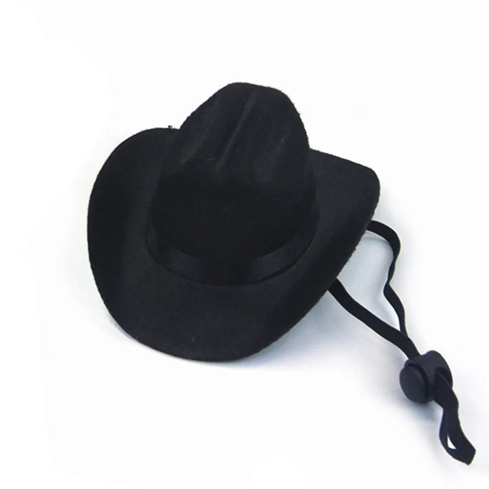 Adjustable pet dog cowboy hat in brown shown on a small dog for size reference.