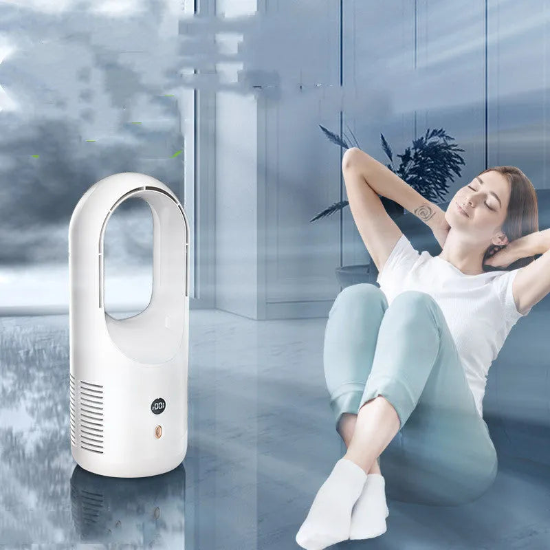 White bladeless electric desk fan with LED display on a desk, showing portable USB rechargeable design.