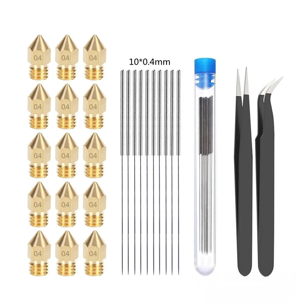 Brass MK8 nozzle and stainless steel cleaning pin for 3D printer maintenance