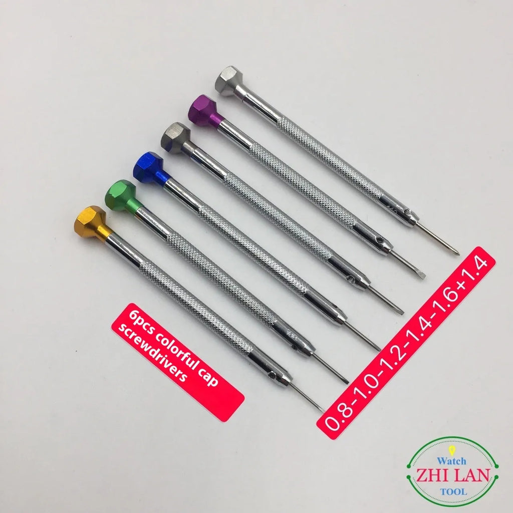 Six colour-coded watch repair screwdrivers with aluminium handles and spring steel cutter heads for precision timepiece maintenance