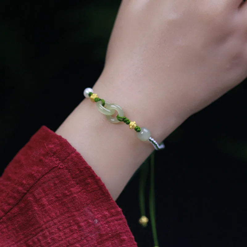 DIY woven bracelet with Hetian jade elements and flexible wire in 925 silver or copper gold plated finishes