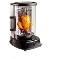 Black electric rotisserie oven with glass door and control knob for indoor smokeless grilling