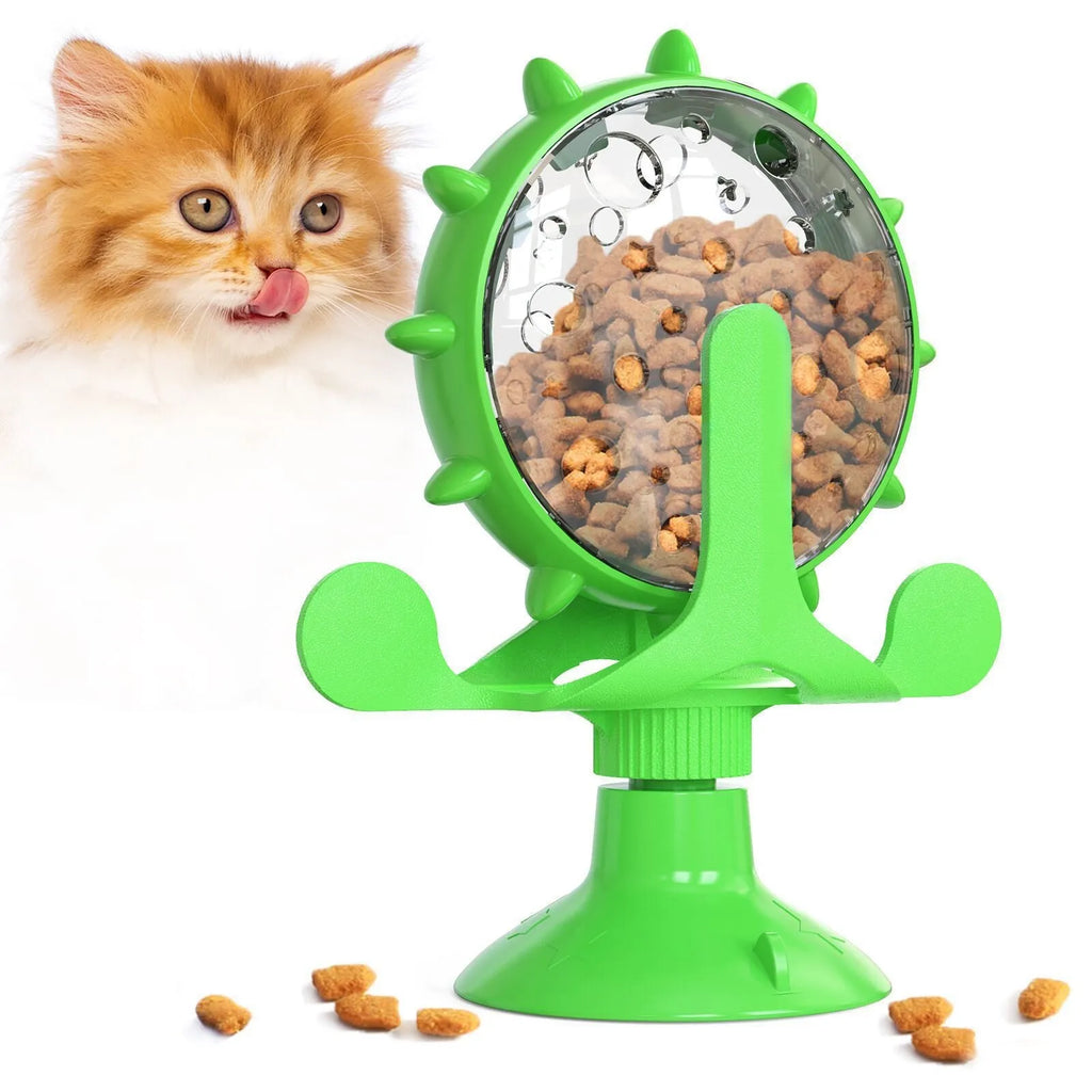 Interactive pet puzzle toy with rotating food dispenser in blue, green, red, or yellow colours