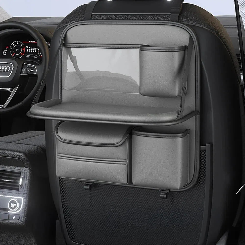 Leather car seat storage bag in black with handle and foldable dining table