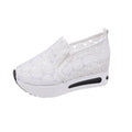 Lace mesh women's flat shoes with inner heightened platform, round toe, satin upper, pink and white colours