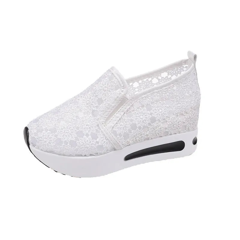 Lace mesh women's flat shoes with inner heightened platform, round toe, satin upper, pink and white colours