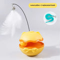 Electric cat toy tumbler teaser wand with LED lights in lemon yellow, sky blue, or soft fog grey.
