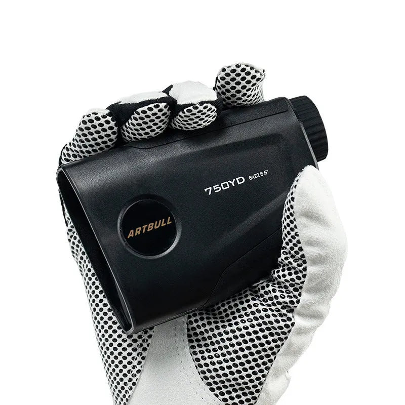 Golf laser rangefinder with LCD display showing distance measurement, featuring slope and flag lock functions.