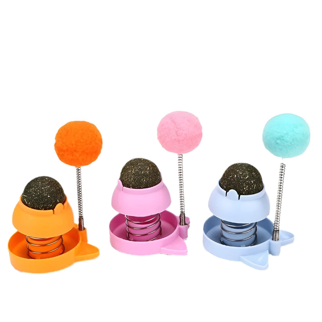Blue self-moving cat toy with mint ball for teeth cleaning and hair removal, 55mm diameter.