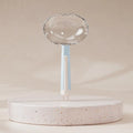 Blue pet food spoon with a clip attached to a dog food bag for hygienic feeding.