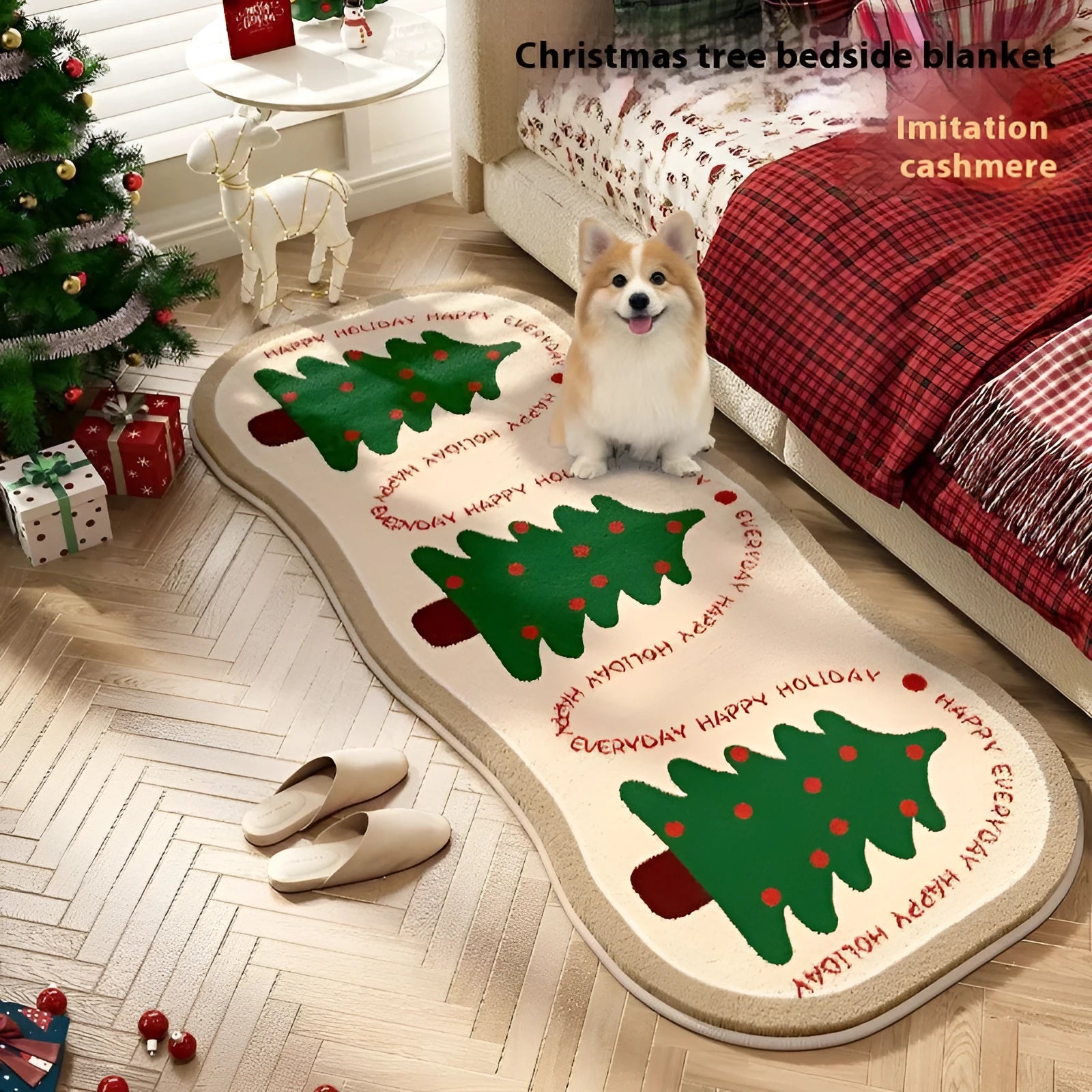Alien-shaped imitation cashmere Christmas carpet with festive patterns on a wooden floor.