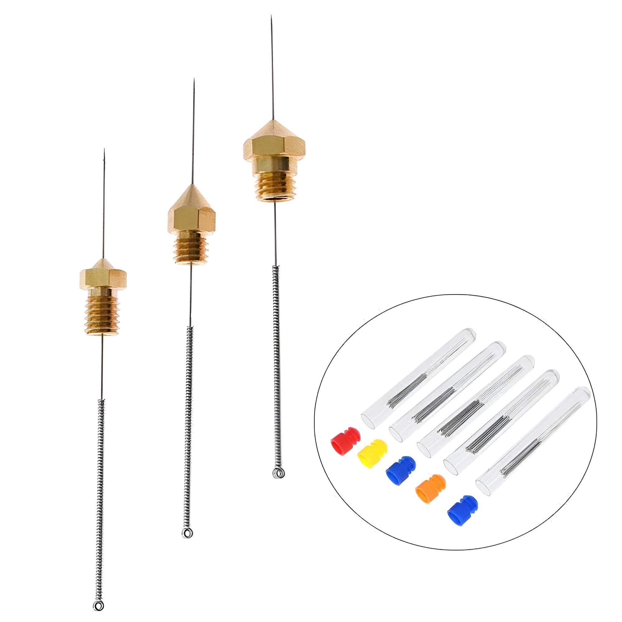 Pack of ten thin metal cleaning needles for unclogging Mk8 E3D 3D printer nozzles.