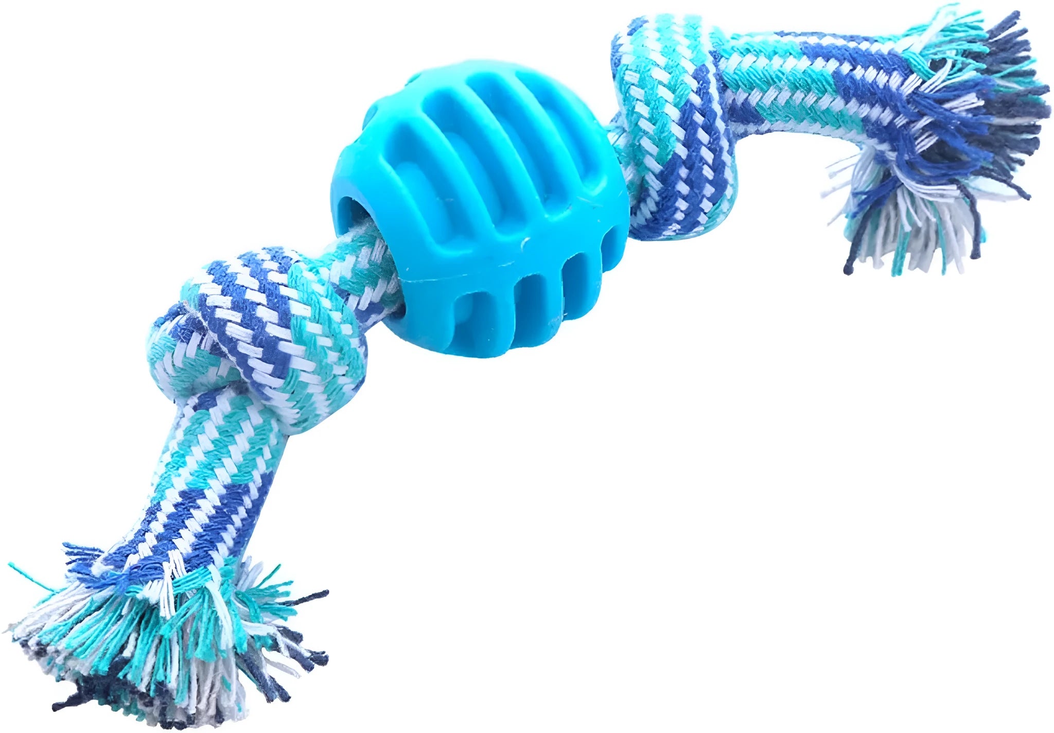 Blue silicone dog chew toy with woven cotton ropes in molar stick design