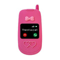 Light pink silicone iPhone case with a built-in cosmetic mirror, showing a cute cartoon design.