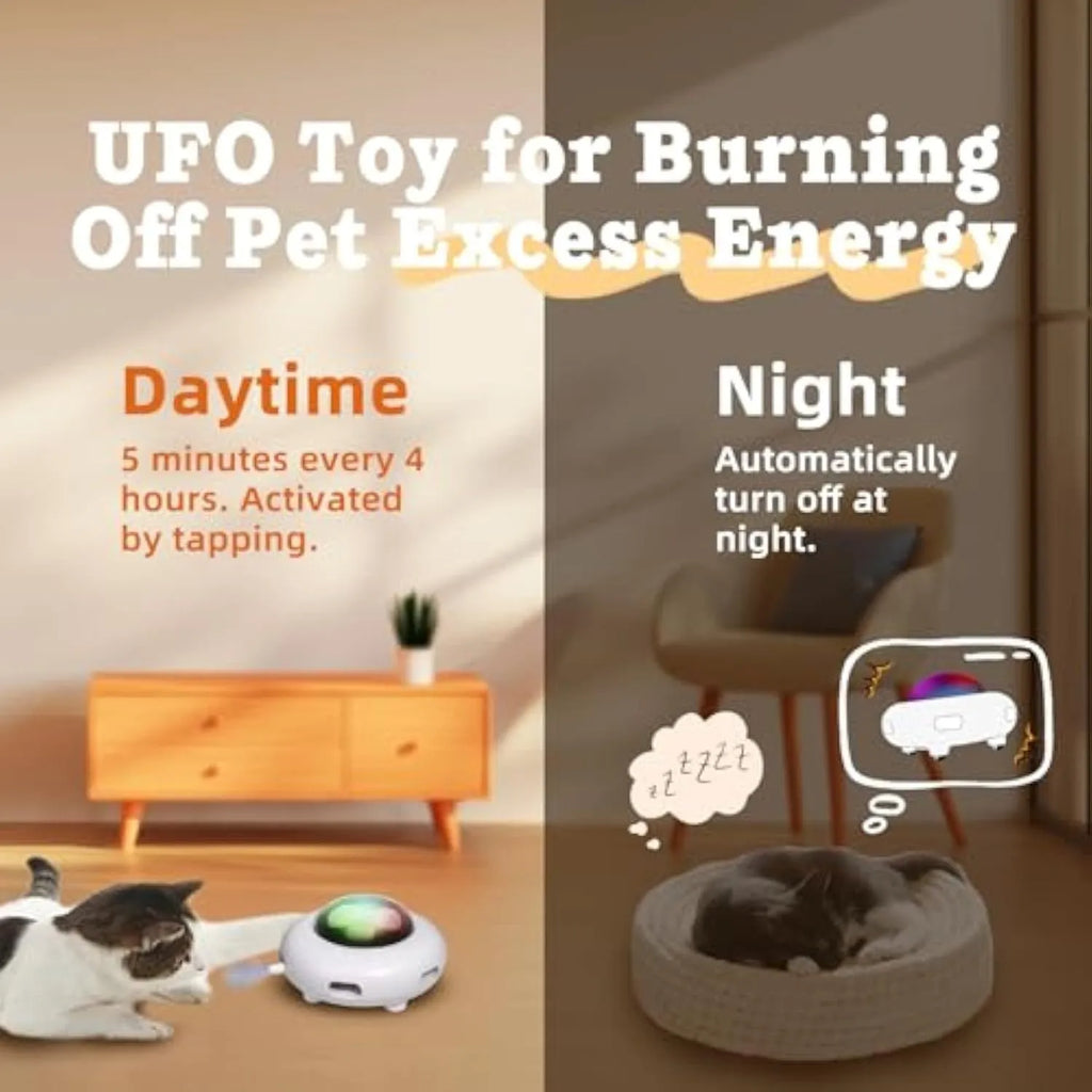 White UFO-shaped automatic cat toy with colourful feathers and LED lights