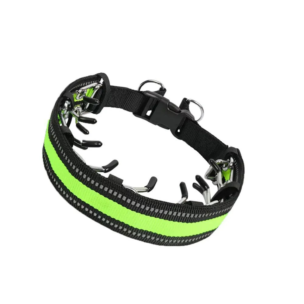 Close-up of a metal chain dog training collar with spike links, shown in reflective blue colour.