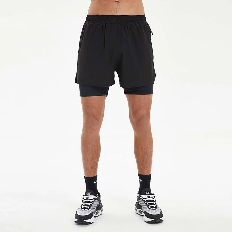 Men's black running shorts with quick-dry fabric and integrated support liner for fitness activities
