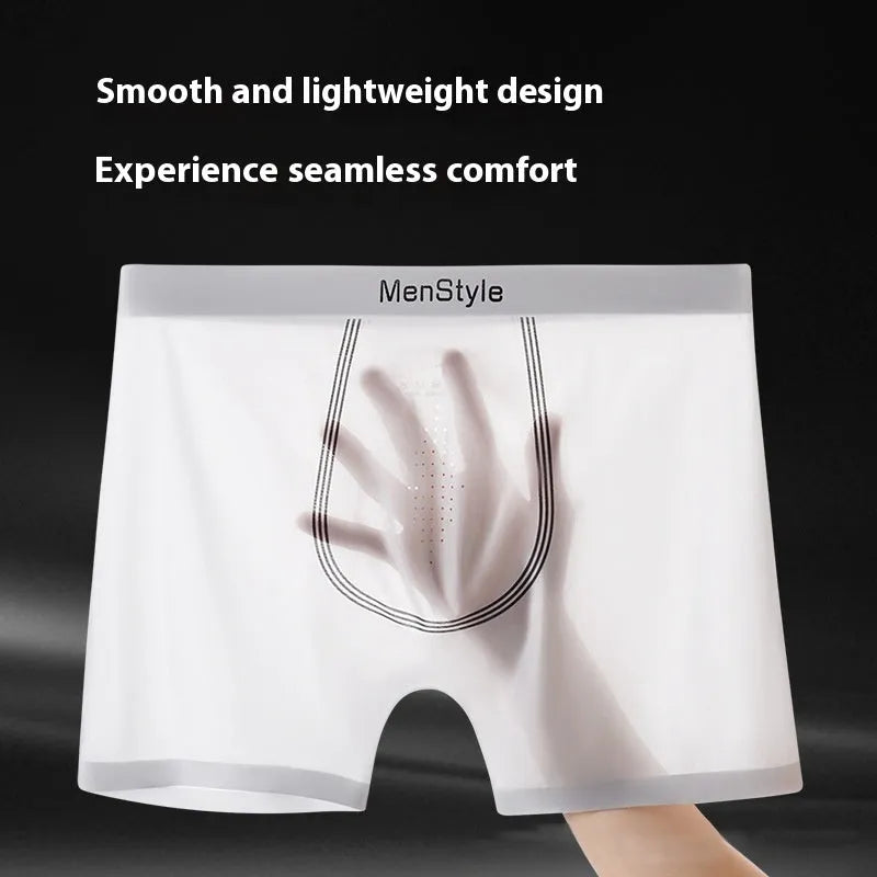 Men's satin ice silk seamless boxer shorts in mid-waist style, shown in dark grey colour.