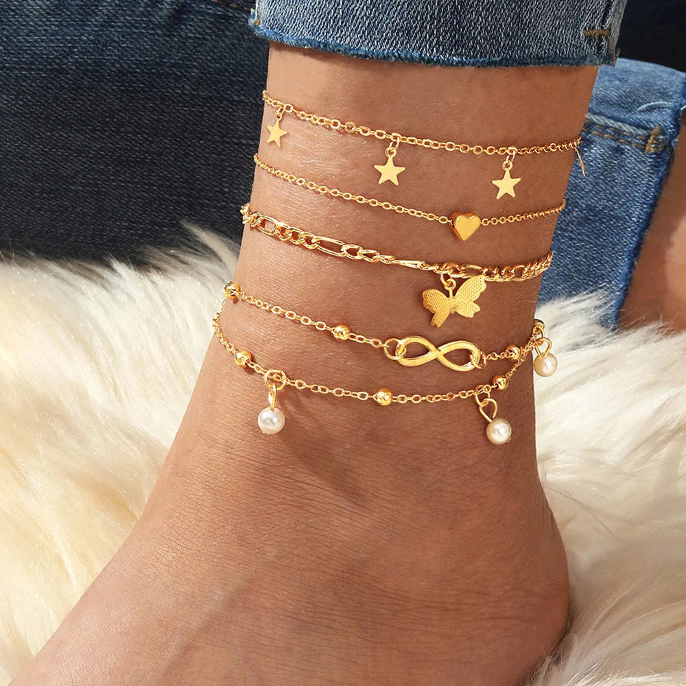 Butterfly Pearl Heart anklet set of 4 multi-layer alloy foot chain women's simple style